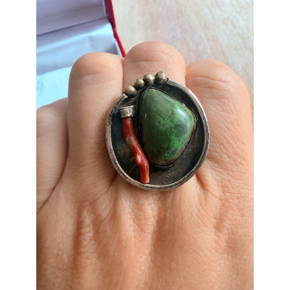 925 Sterling turquoise and coral ring.
